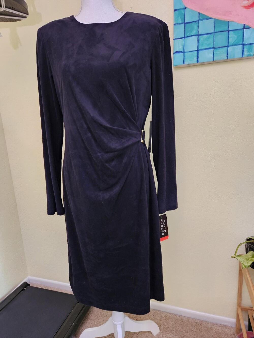 David Warren Classic Long-Sleeve Black Midi Dress with Side Drape Sz 12